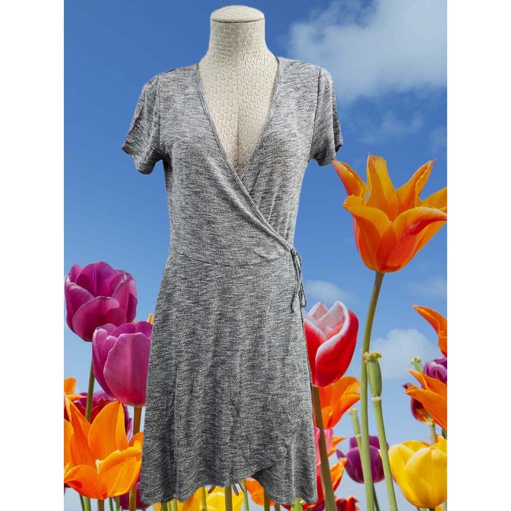 ACEMI Knit Heather Gray Wrap Style Tie Waist A-Line Dress Women's‎ M EUC